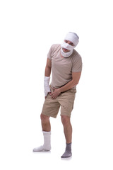 Man after car accident isolated on white