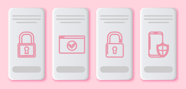Set line Lock , Secure your site with HTTPS, SSL, Open padlock and Smartphone with security shield . White rectangle button. Vector
