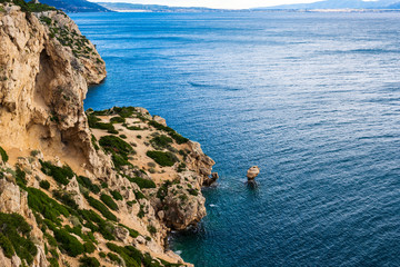 Fototapeta na wymiar Sea rock near Cape Melagkavi also known as Cape Ireon Light - Greece