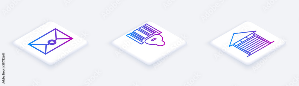 Poster set isometric line envelope , scanner scanning bar code and closed warehouse . white square button. 