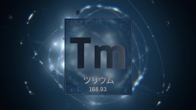 Thulium as Element 69 of the Periodic Table. Seamlessly looping 3D animation on blue illuminated atom design background orbiting electrons name, atomic weight element number in Japanese language