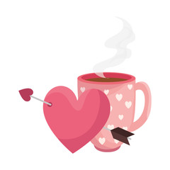 cup coffee and heart with arrow isolated icon