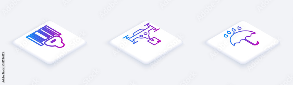 Poster set isometric line scanner scanning bar code , delivery drone with the package and umbrella and rain