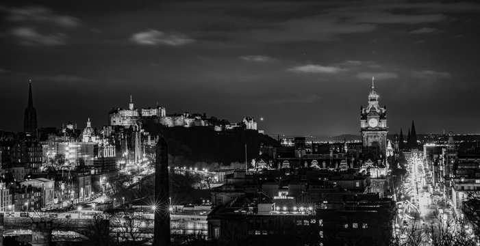 Edinburgh, scotland at night in black and white.