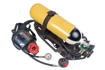 Breathing Air Cylinder Assembly and Full Facepiece Respirator for firefighters isolated - obrazy, fototapety, plakaty