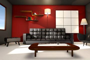Modern living room space 3D Render CGI, with leather sofa and chairs red walls and book shelves, beautiful illumination light and kitchen space