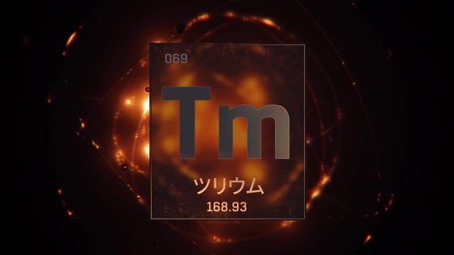 Thulium as Element 69 of the Periodic Table. Seamlessly looping 3D animation on orange illuminated atom design background orbiting electrons name, atomic weight element number in Japanese language