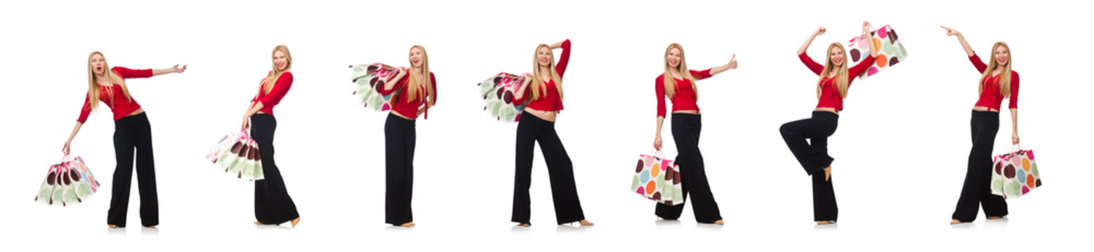 Young woman in flared pants isolated on white