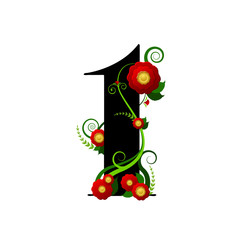 Chiffre floral numéro 1 (un) décoré d’une plante grimpante à fleur rouge.