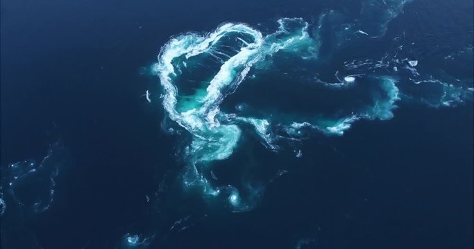 4K Saltstraumen current tide vortex. Bird's eye view drone footage