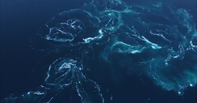 4K Saltstraumen current tide vortex. Bird's eye view drone footage