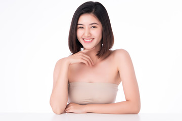 Portrait beautiful young asian woman clean fresh bare skin concept. Asian girl beauty face skincare and health wellness, Facial treatment, Perfect skin, Natural make up, on white background