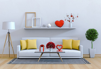 living room and sofa interior design 3D illustration, valentine.