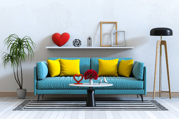 living room and sofa interior design 3D illustration, valentine.