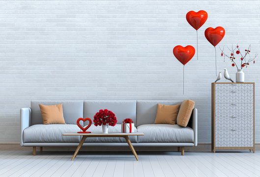 living room and sofa interior design 3D illustration, valentine heart balloon.