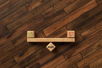 wooden blocks formed as a seesaw with the word BALANCE on wooden background - 3D rendered illustration
