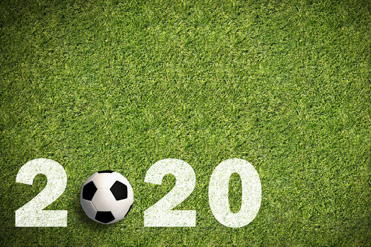 number 2020 on green grass background with a soccer ball as the first zero