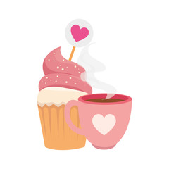 cup coffee with cupcake isolated icon