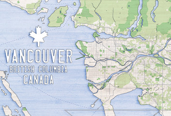 Map of Greater Vancouver and municipalities, BC. Stylized map with textured background.  Maple leaf and text "Vancouver, British Columbia, Canada". Light blue and green color theme. 