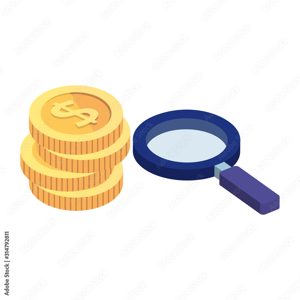 Poster pile of coins with magnifying glass isolated icon