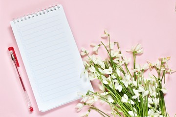Naklejka premium spring mockup notepad on a background and snowdrops. delicate fletley background copy space place for text.