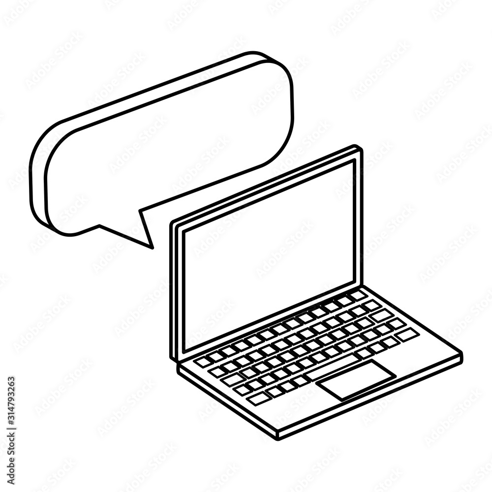 Poster laptop computer with speech bubble isolated icon
