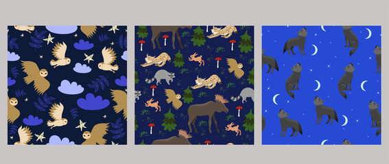 Set of seamless night patterns with animals. Vector graphics.