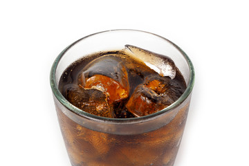 Drink cola with ice in glass on white background