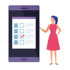 business woman with smartphone for vote online vector illustration design
