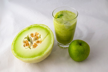 Blended green smoothie with Granny Smith Apple, Honeydew Melon