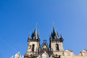 Fototapeta na wymiar Prague Cathedral seen from below, in Old Town. Also called The Church of Mother of God before Tyn, or chram matky bozi pred tynem, it is a major landmark of the Czech capital.