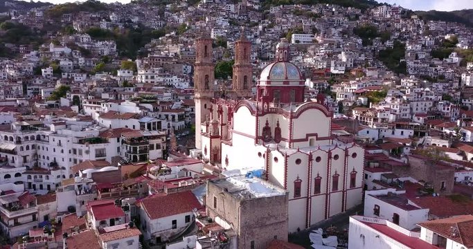 Taxco, Church of Santa Prisca by drone. On a sunny day.