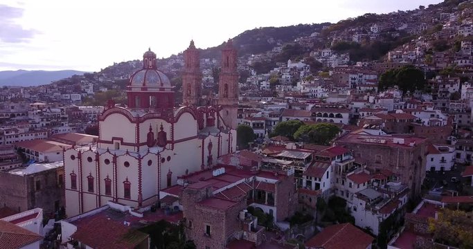Taxco, Church of Santa Prisca by drone. On a sunny day.