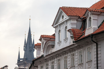 Fototapeta premium Austro-Hungarian Facade of a baroque appartment residential building in a street of old town, the historical center of Prague, Czechia in the most touristic part of the city