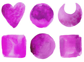 Isolated Set of hand drawn watercolor shapes: circle, square, heart crescent moon in purple violet color