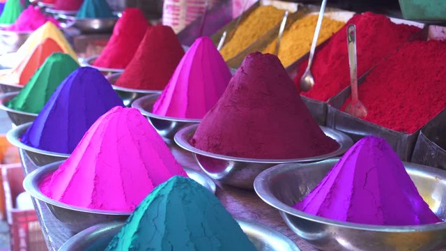 India, Karnataka, Mysore, colourful powdered dyes for sale in Devaraja Market