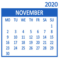 November. Eleventh page of set. Calendar 2020, template. Week starts from Monday. Vector illustration
