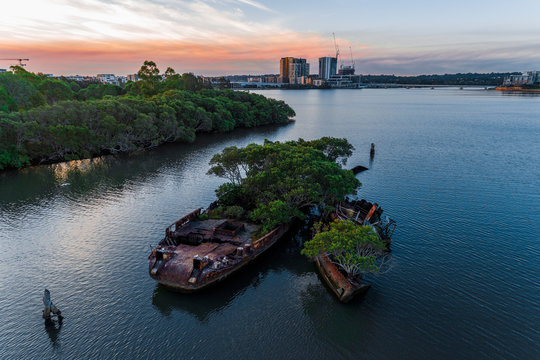 Rust old abandoned ship wreck in Sydney, Homebush