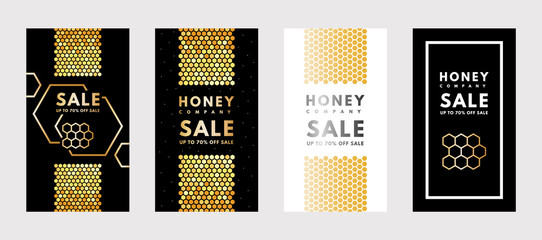 Vector set of social media stories Sale Honey gold gradient honeycombs.