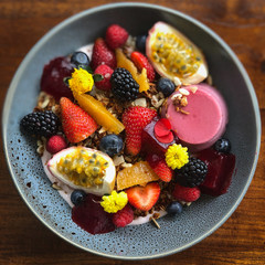 Raspberry Panna Cotta with Seasonal Fruit and Berries, Raspberry Jelly and Homemade Granola and Blueberry Yoghurt