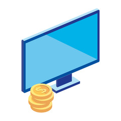 computer desktop with stack of coins vector illustration design