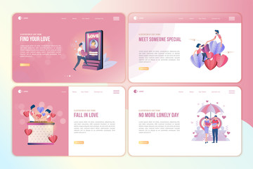 Set of illustration with falling in love scene on landing page