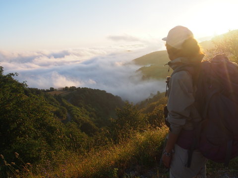 Beautiful sunrise on the road to Santiago de Compostela, Camino de Santiago, Way of St. James, Journey from O Cebreiro to Calbor, French way, Spain