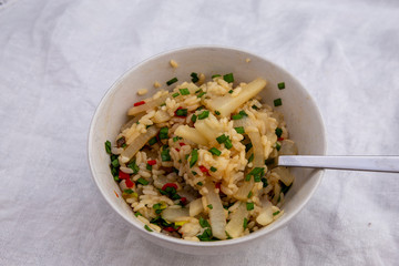 Cooked radish with rice which is called mubap in Korean
