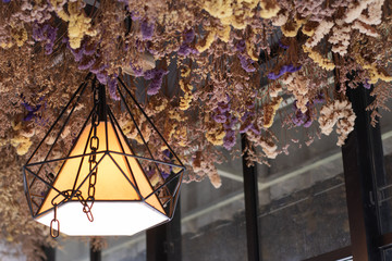 lamp and dried flower ceiling, room decoration. 
