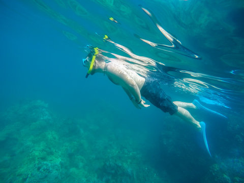 Man Snorkeling Underwater In Hawaii