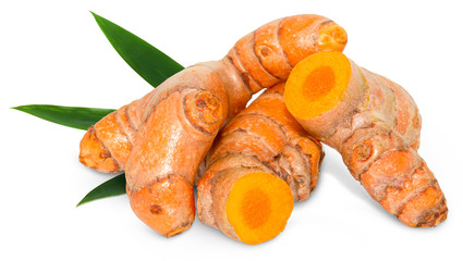 Raw turmeric (Curcuma longa Linn) ingredients for making herbal medicine isolated on white background,with clipping path