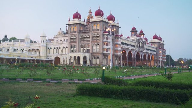 India, Karnataka, Mysore, City Palace, illuminated at dusk