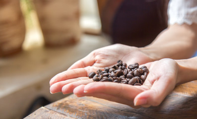 Coffee beans on a woman's hand in a coffee shop.