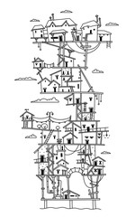 Freehand drawing fantasy multilevel bungalow. Multi-storey wooden, house sketch. Exterior cartoon holiday resort. Print background. Hand drawn line.